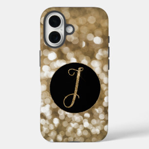 Dreamy Bokeh Gold Glitter Letter I Monogram Black  iPhone 16 Case