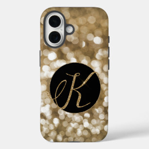 Dreamy Bokeh Gold Glitter Letter K Monogram Black  iPhone 16 Case