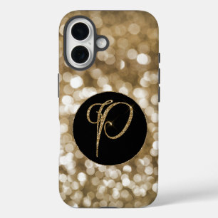 Dreamy Bokeh Gold Glitter Letter P Monogram Black  iPhone 16 Case