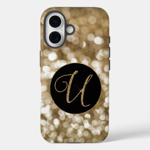 Dreamy Bokeh Gold Glitter Letter U Monogram Black  iPhone 16 Case