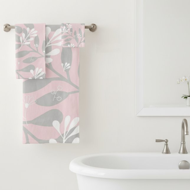 Dreamy Botanical: Pink Canvas with Gray Leaves Bath Towel Set (Creator Uploaded)