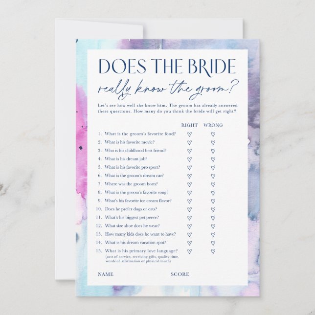 Dreamy Bridal Shower Bride & Groom Game Card (Front)