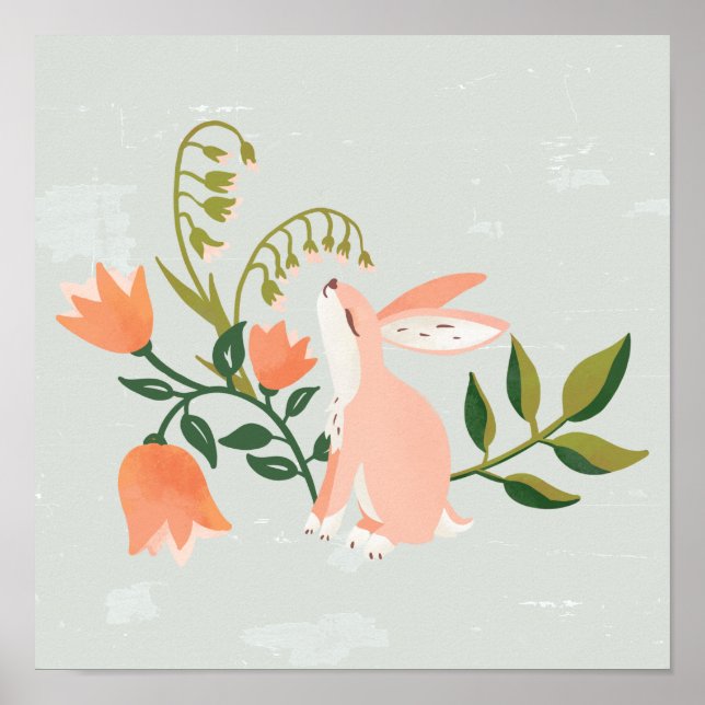 "Dreamy Bunny" Cute Pink Rabbit Floral Art Poster (Front)