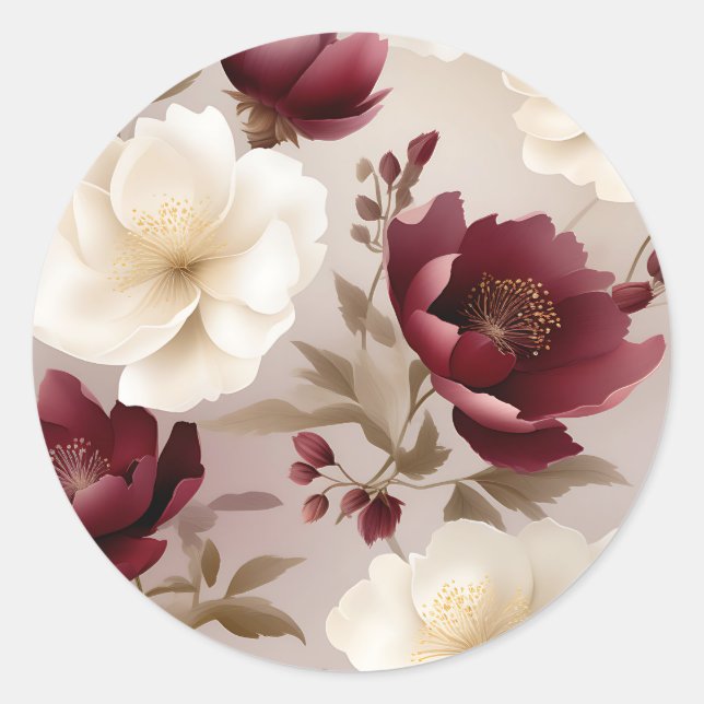 Dreamy Burgundy Flowers Classic Round Sticker (Front)