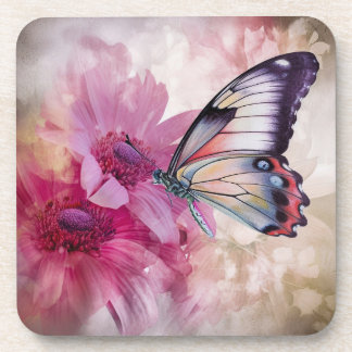 Dreamy Butterfly with Pink Flowers Beverage Coaster