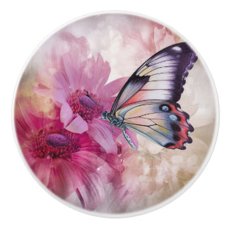 Dreamy Butterfly with Pink Flowers Ceramic Knob