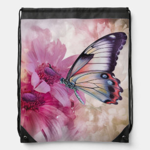 Dreamy Butterfly with Pink Flowers Drawstring Bag