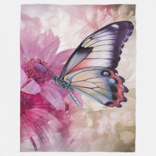 Dreamy Butterfly with Pink Flowers  Fleece Blanket