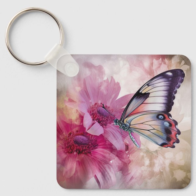 Dreamy Butterfly with Pink Flowers  Keychain (Front)