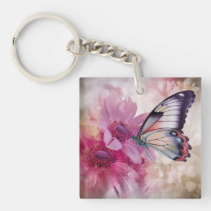 Dreamy Butterfly with Pink Flowers Keychain
