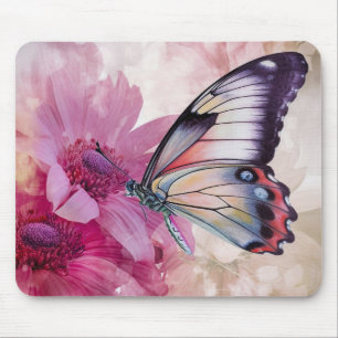 Dreamy Butterfly with Pink Flowers Mouse Pad