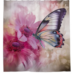 Dreamy Butterfly with Pink Flowers Shower Curtain
