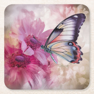 Dreamy Butterfly with Pink Flowers Square Paper Coaster