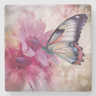 Dreamy Butterfly with Pink Flowers Stone Coaster