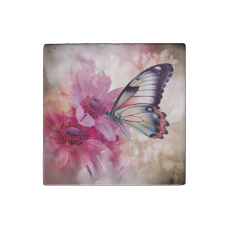 Dreamy Butterfly with Pink Flowers Stone Magnet
