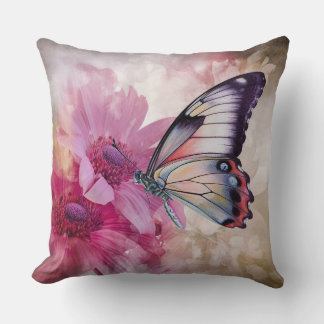 Dreamy Butterfly with Pink Flowers Throw Pillow