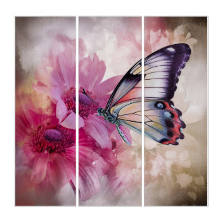 Dreamy Butterfly with Pink Flowers Triptych
