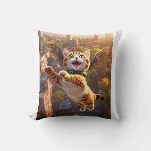 Dreamy Cat Flight Unreal Engine 5 Urban Fantasy Throw Pillow