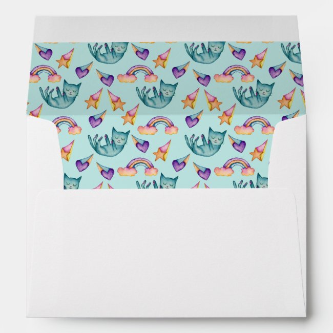 Dreamy Cat Floating in the Sky Watercolor Pattern