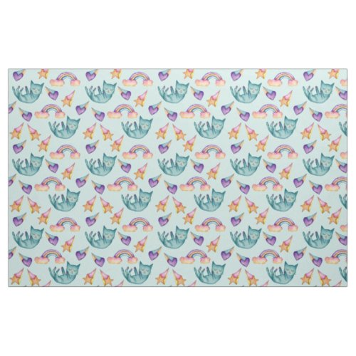 Dreamy Cat Floating in the Sky Watercolor Pattern Fabric