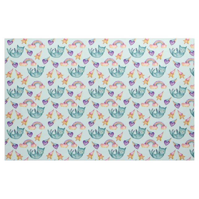 Dreamy Cat Floating in the Sky Watercolor Pattern Fabric (Fat Quarter)