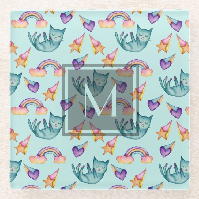 Dreamy Cat Floating in the Sky Watercolor Pattern
