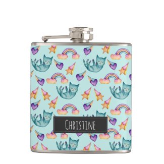 Dreamy Cat Floating in the Sky Watercolor Pattern Hip Flask