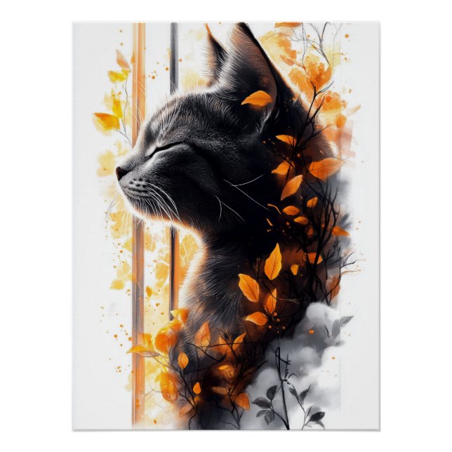 Dreamy Cat in an Autumn Breeze by the Window Poster (Front)