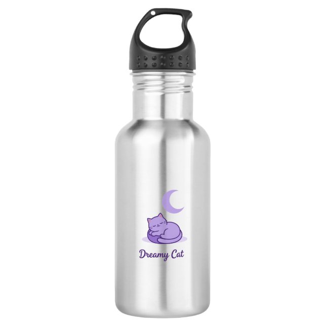 Dreamy Cat Moon Water Bottle | Cute Purple Cat Fla (Front)