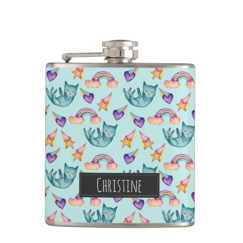 Dreamy Cat Watercolor Pattern  Add Your Name Hip Flask