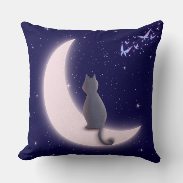 Dreamy Celestial Cat Design Throw Pillow (Front)