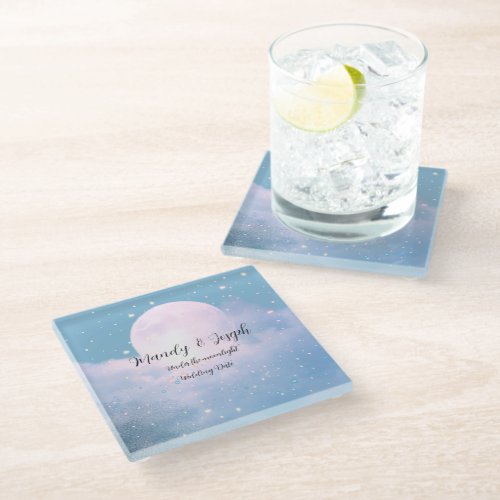 Dreamy celestial wedding bathed in moonlight glass coaster