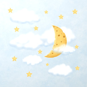 Dreamy Cheese Moon & Stars in fluffy Clouds Kids Wall Decal