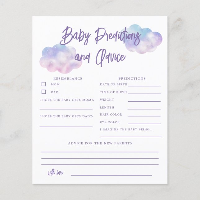 Dreamy Cloud Girl Baby Predictions & Advice Card (Front)