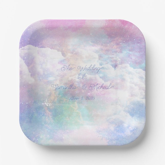 Dreamy Clouds and Stars Wedding Paper Plates (Front)