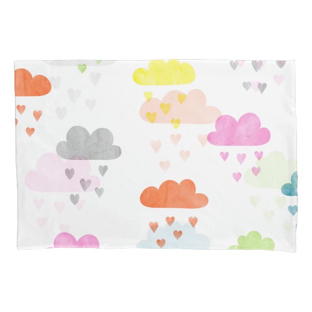 Dreamy Clouds: Watercolor Heart Rain Pillow Case (Front)