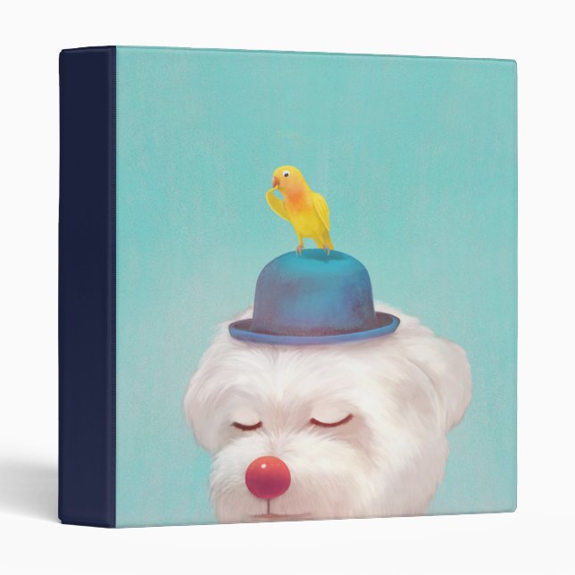 Dreamy Clown Dog: Smiling Bichon with Blue Hat 3 Ring Binder (Front/Spine)