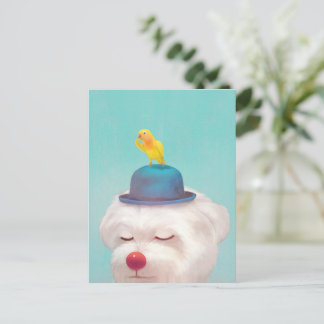Dreamy Clown Dog: Smiling Bichon with Blue Hat Announcement Postcard