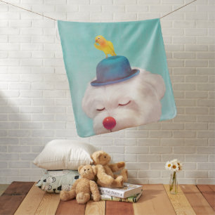 Dreamy Clown Dog: Smiling Bichon with Blue Hat Baby Blanket
