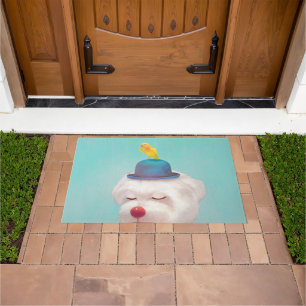 Dreamy Clown Dog: Smiling Bichon with Blue Hat Doormat