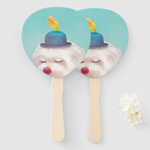 Dreamy Clown Dog: Smiling Bichon with Blue Hat Hand Fan