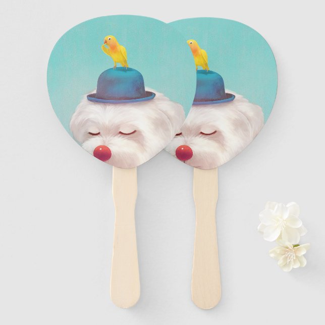 Dreamy Clown Dog: Smiling Bichon with Blue Hat Hand Fan (Front and Back)
