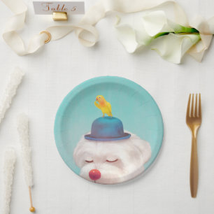 Dreamy Clown Dog: Smiling Bichon with Blue Hat Paper Plates
