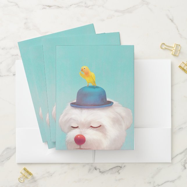 Dreamy Clown Dog: Smiling Bichon with Blue Hat Pocket Folder (In Situ)