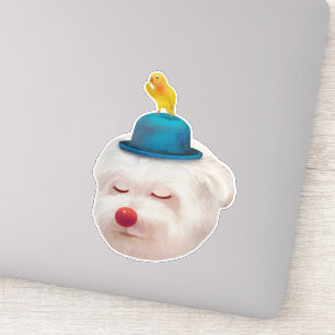 Dreamy Clown Dog: Smiling Bichon with Blue Hat Sticker