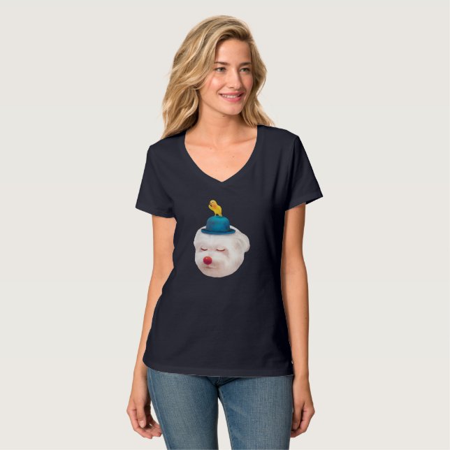 Dreamy Clown Dog: Smiling Bichon with Blue Hat T-Shirt (Front Full)