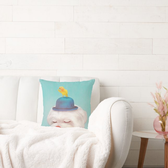 Dreamy Clown Dog: Smiling Bichon with Blue Hat Throw Pillow (Couch)