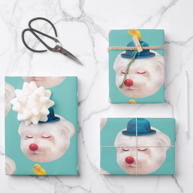 Dreamy Clown Dog: Smiling Bichon with Blue Hat Wrapping Paper Sheets (Front)