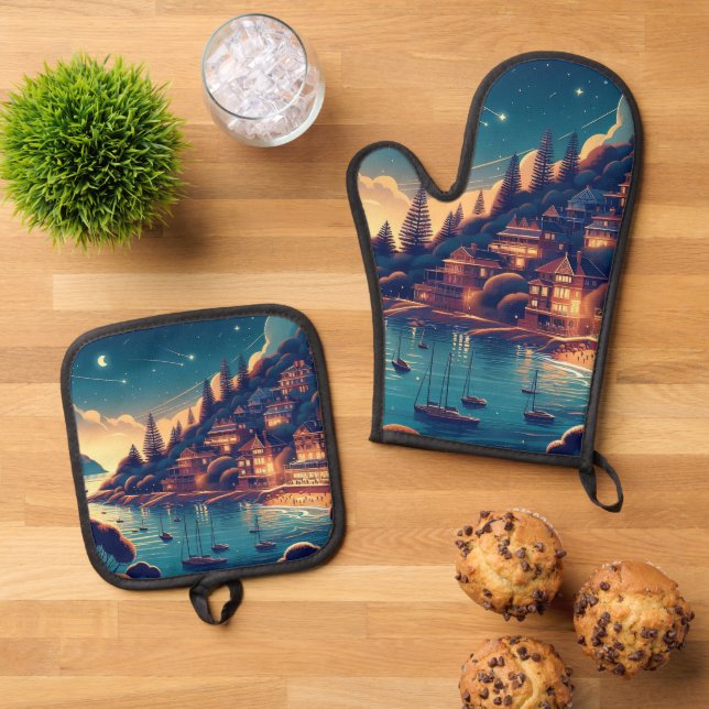 Dreamy Coastal Night Oven Mitt & Pot Holder Set (Top Down)