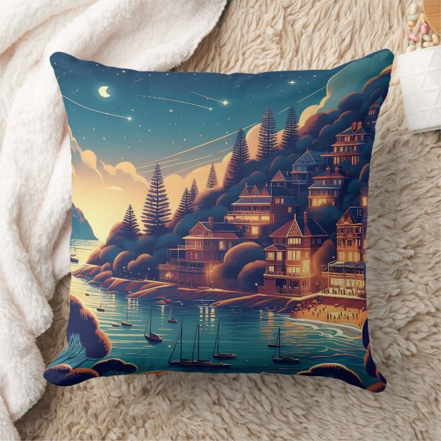Dreamy Coastal Night Throw Pillow (Blanket)